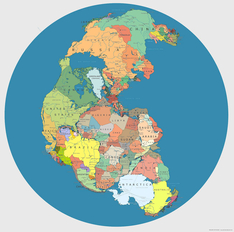 Pangaea with current international borders