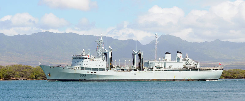 The RCN auxiliary replenishment oiler HMCS Protecteur (AOR 509) departs Naval Station Pearl Harbor after a routine port visit. Protecteur provides Canadian and allied warships with fuel, food and supplies and is the only Canadian Navy supply ship stationed on the Pacific Coast.