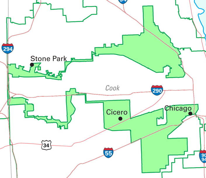 Here it is: The most ridiculous congressional district in the entire country. No, you’re not looking at two districts; IL-4 has two absurdly gerrymandered halves held together by a thin strip of land at its western edge that is nothing more than the median strip along Interstate Highway 294. The end result is a gerrymandered gerrymander, a complete mockery of what congressional representation is even supposed to be. As with AZ-2, the intention behind IL-4 was to create an ethnic enclave, in this case an Hispanic-majority district within an otherwise overwhelmingly non-Hispanic Chicago. Problem is, Chicago has two completely distinct and geographically separate Hispanic neighborhoods — one Puerto Rican, the other Mexican — but neither is large enough to constitute a district majority on its own. Solution? Lump all Hispanics together into a supposedly coherent cultural grouping, and then carefully draw a line surrounding every single Hispanic household in Chicago, linking the two distant neighborhoods by means of an uninhabited highway margin. Voila! One Hispanic congressperson, by design. And as a side-effect, the most preposterous congressional district in the United States.