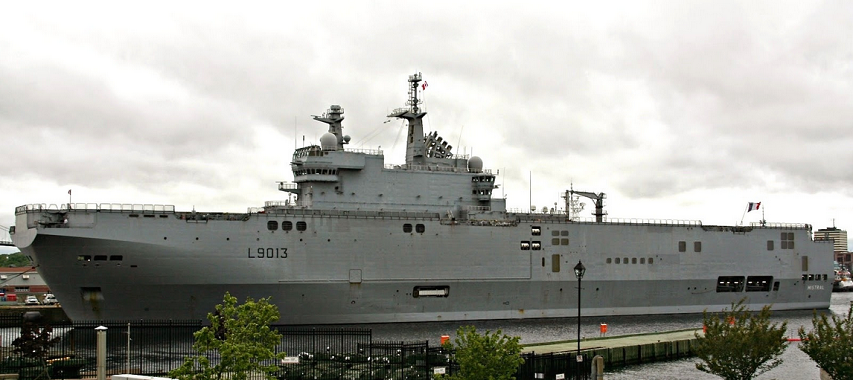 Halifax, Nova Scotia. FS Mistral (L-9013) is an amphibious assault ship, and lead ship of her class. She was commissioned in 2006. She features a landing craft dock, and helicopter facilities. Photo: Halifax Shipping News