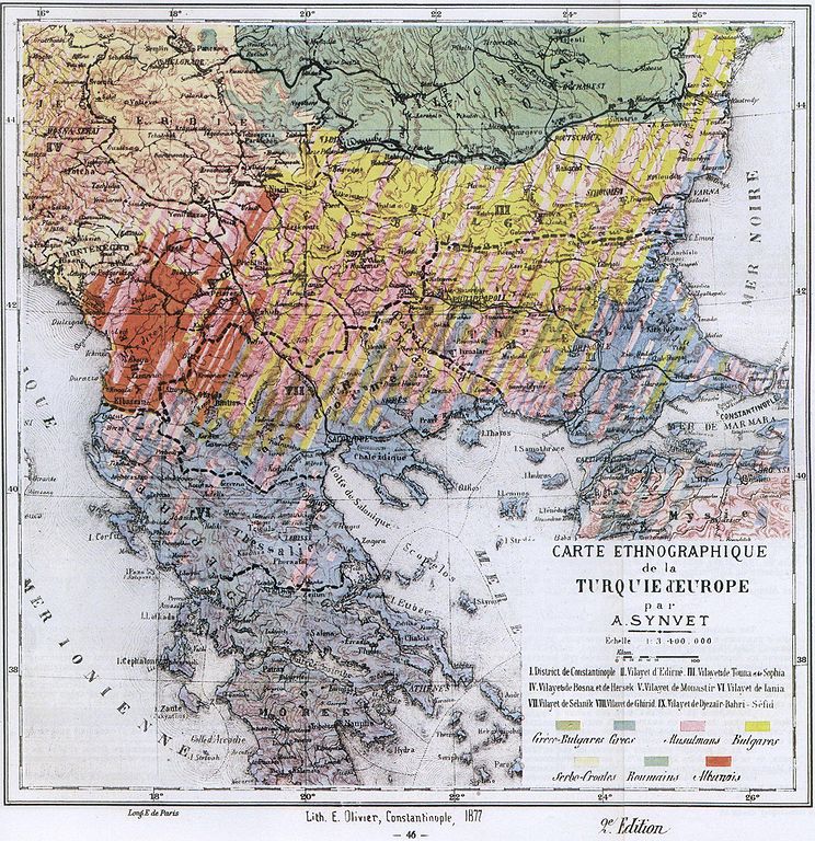 An ethnographic map of the Balkans published in Carte Ethnographique de la Turquie d'Europe par A. Synvet, Lith. E Olivier, Constantinople 1877. (via Wikipedia)