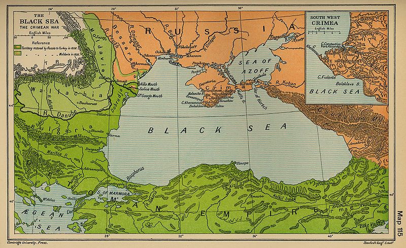 The Black Sea in 1856 with the territorial adjustments of the Congress of Paris marked (via Wikipedia)