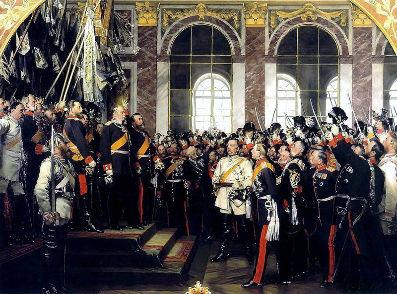 The proclamation of Prussian King Wilhelm I as German Emperor at Versailles, by Anton von Werner. The first two versions were destroyed in the Second World War. This version was commissioned by the Prussian royal family for chancellor Bismarck's 70th birthday.
