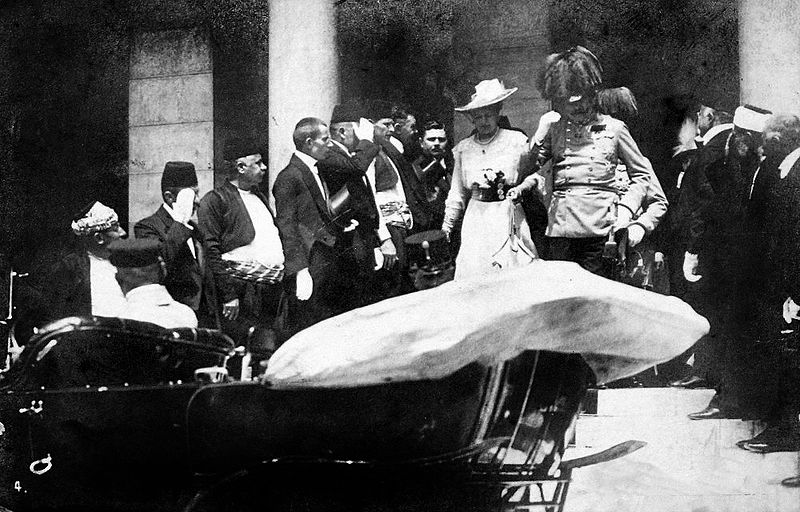 Franz Ferdinand and his wife Sophie leave the Sarajevo Guildhall after reading a speech on June 28 1914. They were assassinated five minutes later. (Photo via Wikipedia)