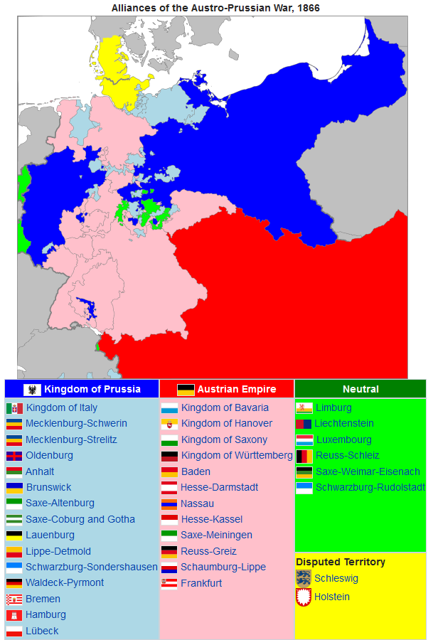 The contending forces in the Austro-Prussian War, 1866 (via Wikipedia)