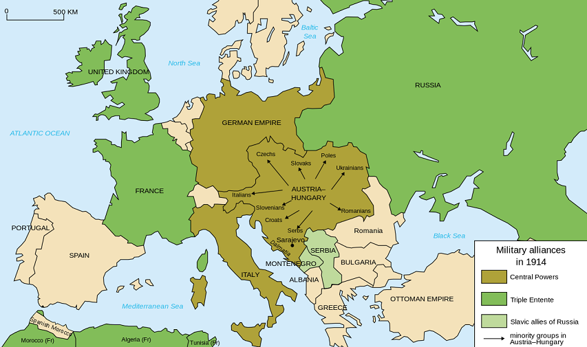 The primary alliances in Europe, July 1914 (via Wikipedia)