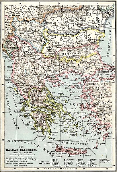 A German map of the Balkans, showing the borders as of 1905 (via Wikiepedia)