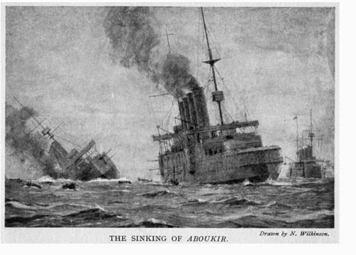 Aboukir sinking - as depicted by the famous British maritime painter Norman Wilkinson the Hogue dropping boats to pick up survivors