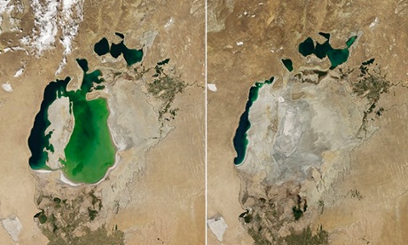  The Aral Sea in 2000 on the left and 2014 on the right. Photograph: Atlas Photo Archive/NASA 