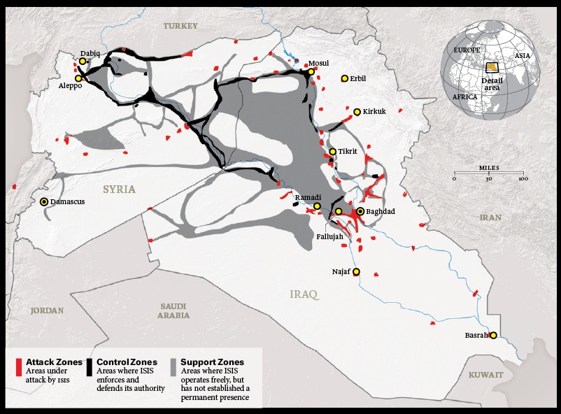 Control of territory is an essential precondition for the Islamic State’s authority in the eyes of its supporters. This map, adapted from the work of the Institute for the Study of War, shows the territory under the caliphate’s control as of January 15, along with areas it has attacked. Where it holds power, the state collects taxes, regulates prices, operates courts, and administers services ranging from health care and education to telecommunications.