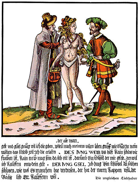 A 16th-century German satirical colored woodcut whose general theme is the uselessness of chastity belts in ensuring the faithfulness of beautiful young wives married to old ugly husbands. The young wife is dipping into the bag of money which her old husband is offering to give her (to encourage her to remain placidly in the chastity belt he has locked on her), but she intends to use it to buy her freedom to enjoy her young handsome lover (who is bringing her a key). (via Wikipedia)