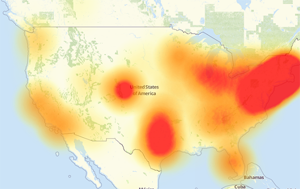 A map of the parts of the internet affected by Friday’s attack. The redder an area is, the more heavily it was affected.